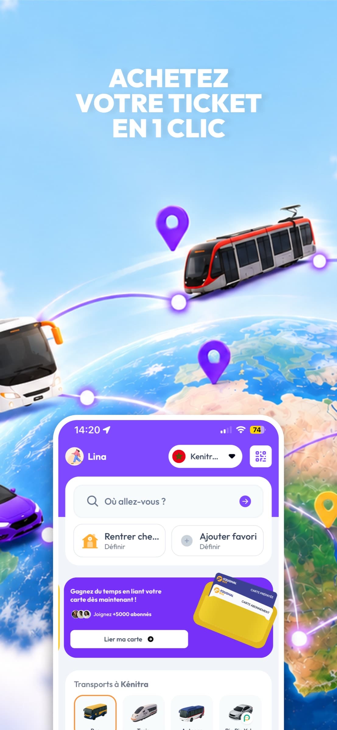 Accueil de l'application Weego et recherche de trajet