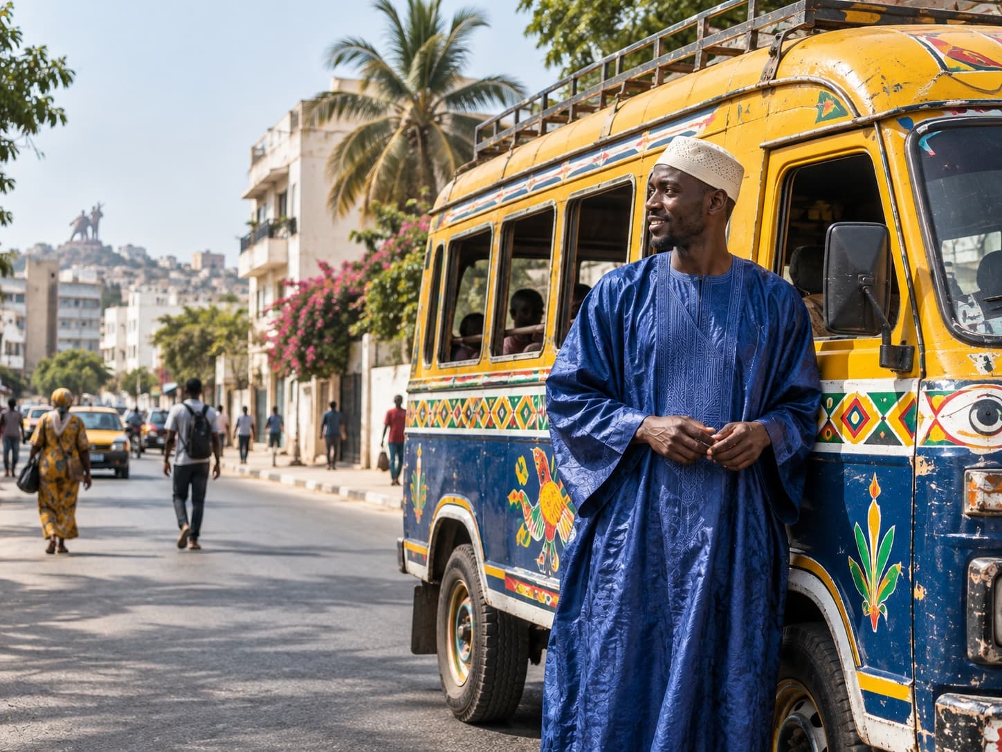 A decorated Dakar car rapide on a city street in daylight