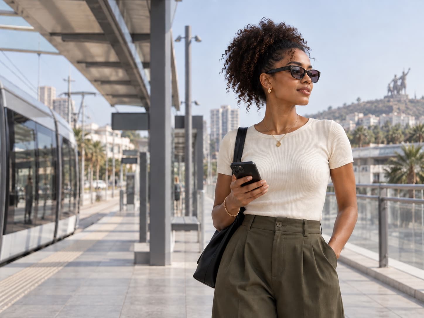 A traveller at a contemporary Dakar transit station in daylight