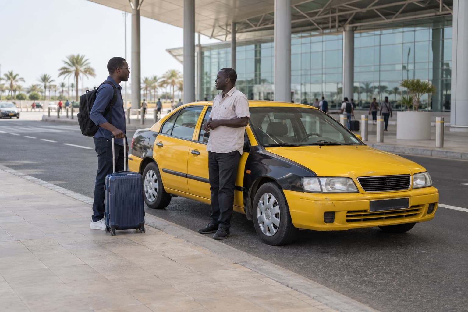 Illustration d'un voyageur et d'un chauffeur près d'un taxi au dépose-minute d'un aéroport