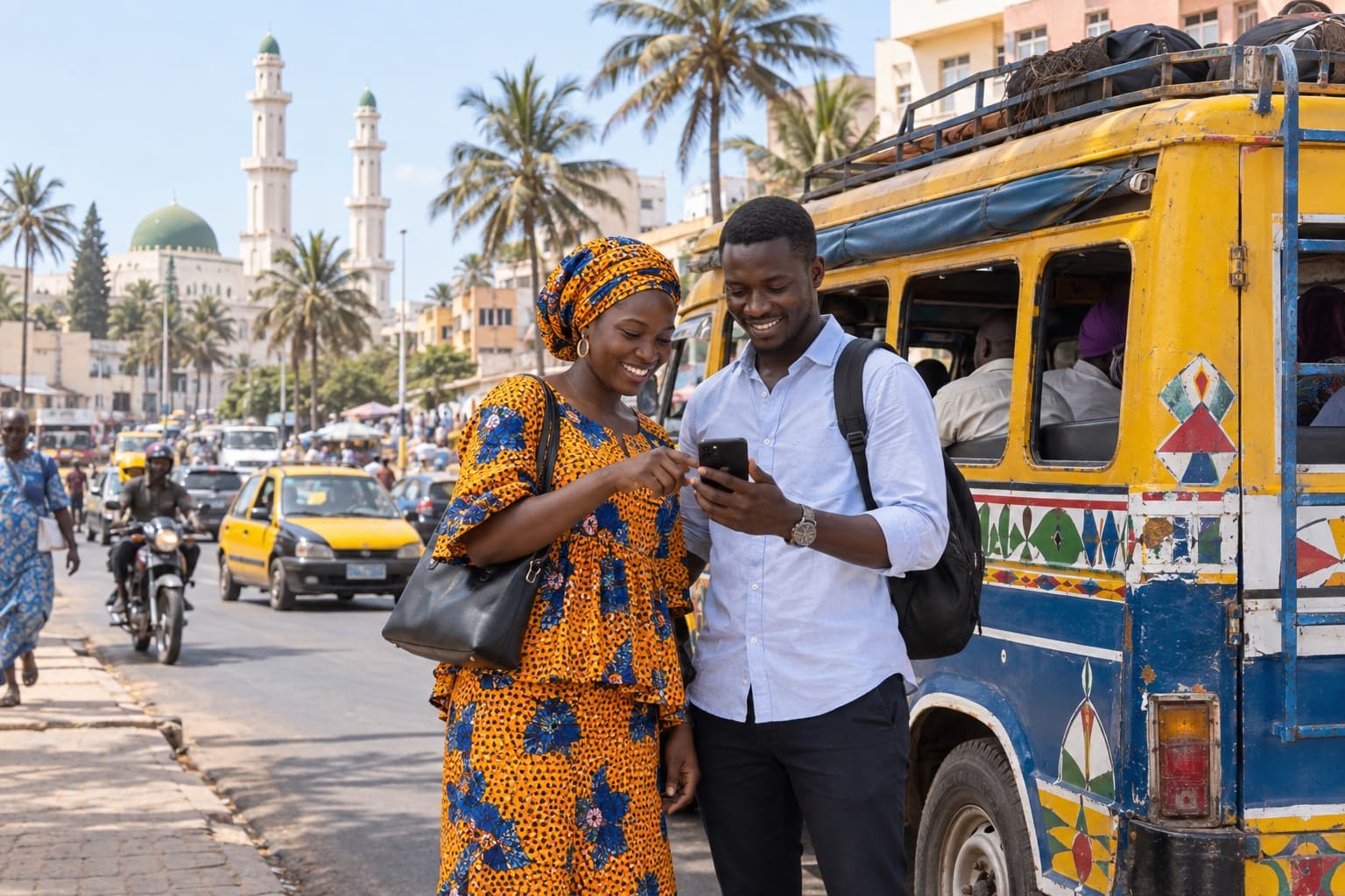 Deux voyageurs à Dakar consultent un téléphone près d'un bus local