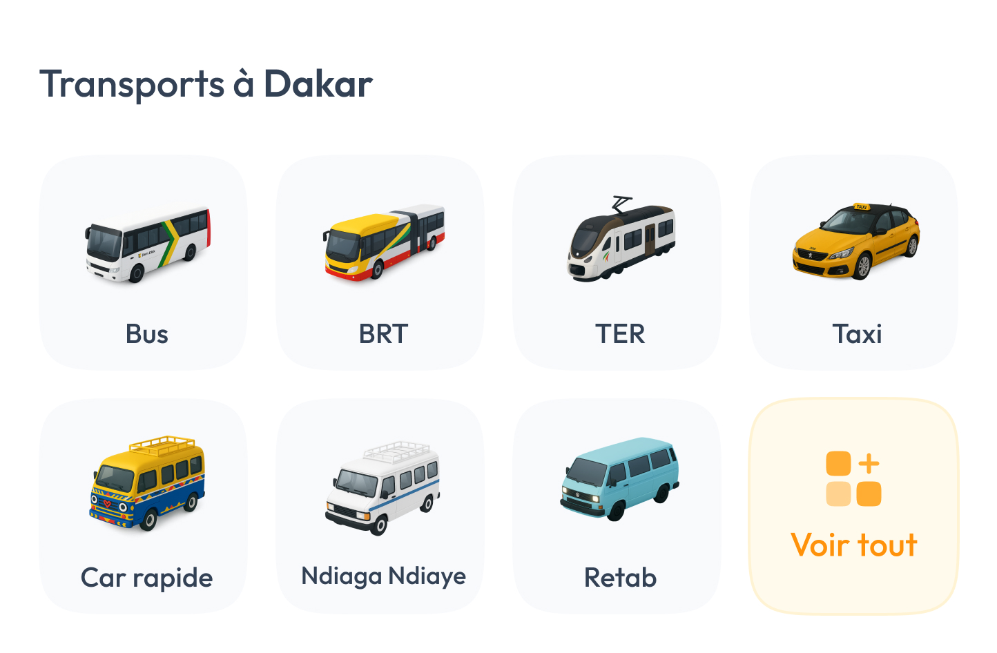 Original Weego app screen showing Dakar transport mode icons